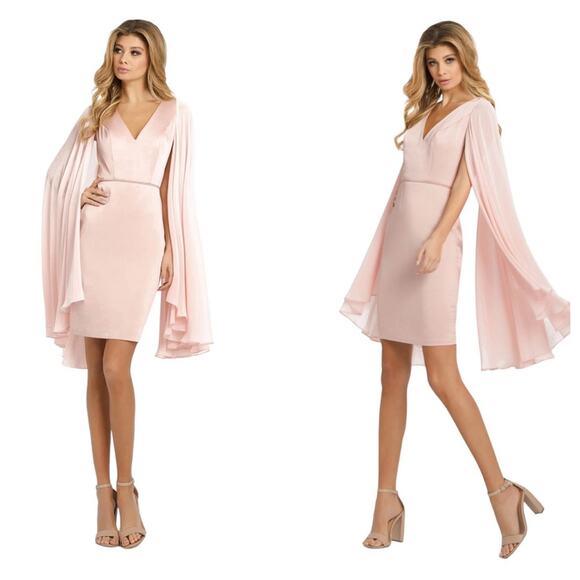 NWT IEENA for MAC DUGGAL Blush Pink Cape Sleeve V-Neck Fitted Mini Dress Women’s - Picture 1 of 11